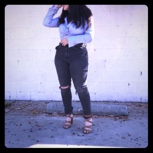 Blue long sleeve striped down cropped top